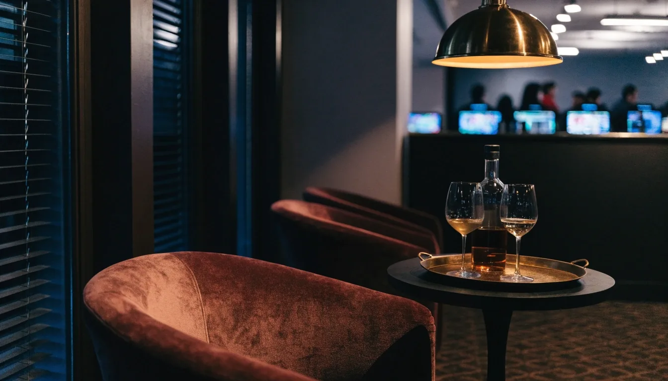 Strefa lounge w Château Rives obok stołów do gry, widok wieczorem