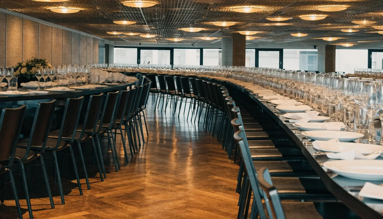 Sala główna z długim stołem w podkowę, przygotowana pod kolację firmową