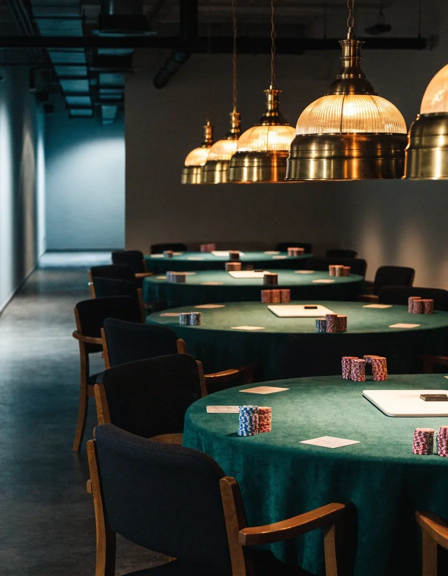 Układ stołów w sali pokerowej z tackami krupiera i żetonami